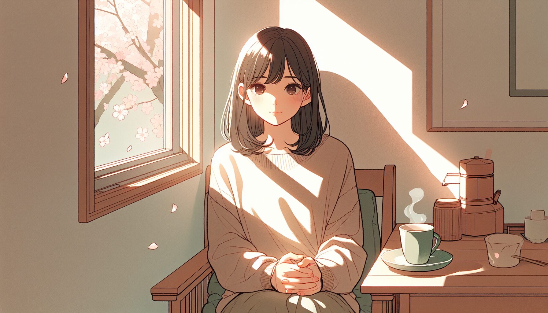 春の窓辺でお茶を持ちながら休む女性のイラスト・春バテ対処法記事