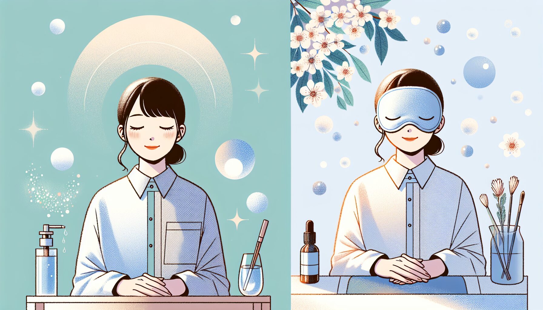 春の花粉症で目がかゆい女性がオフィスでアイケアをしているイラスト