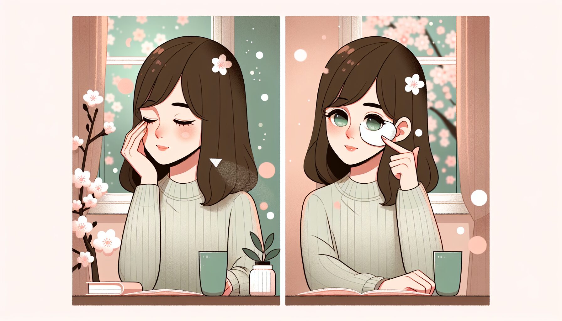 春の花粉症による目のかゆみに悩む女性がアイマスクで目を冷やしているイラスト