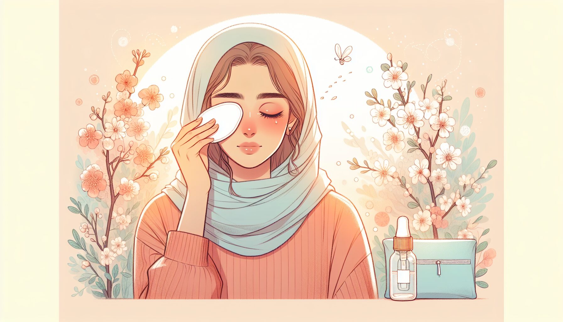 春の花粉症で目がかゆい女性が目薬とケアで症状を和らげているイラスト