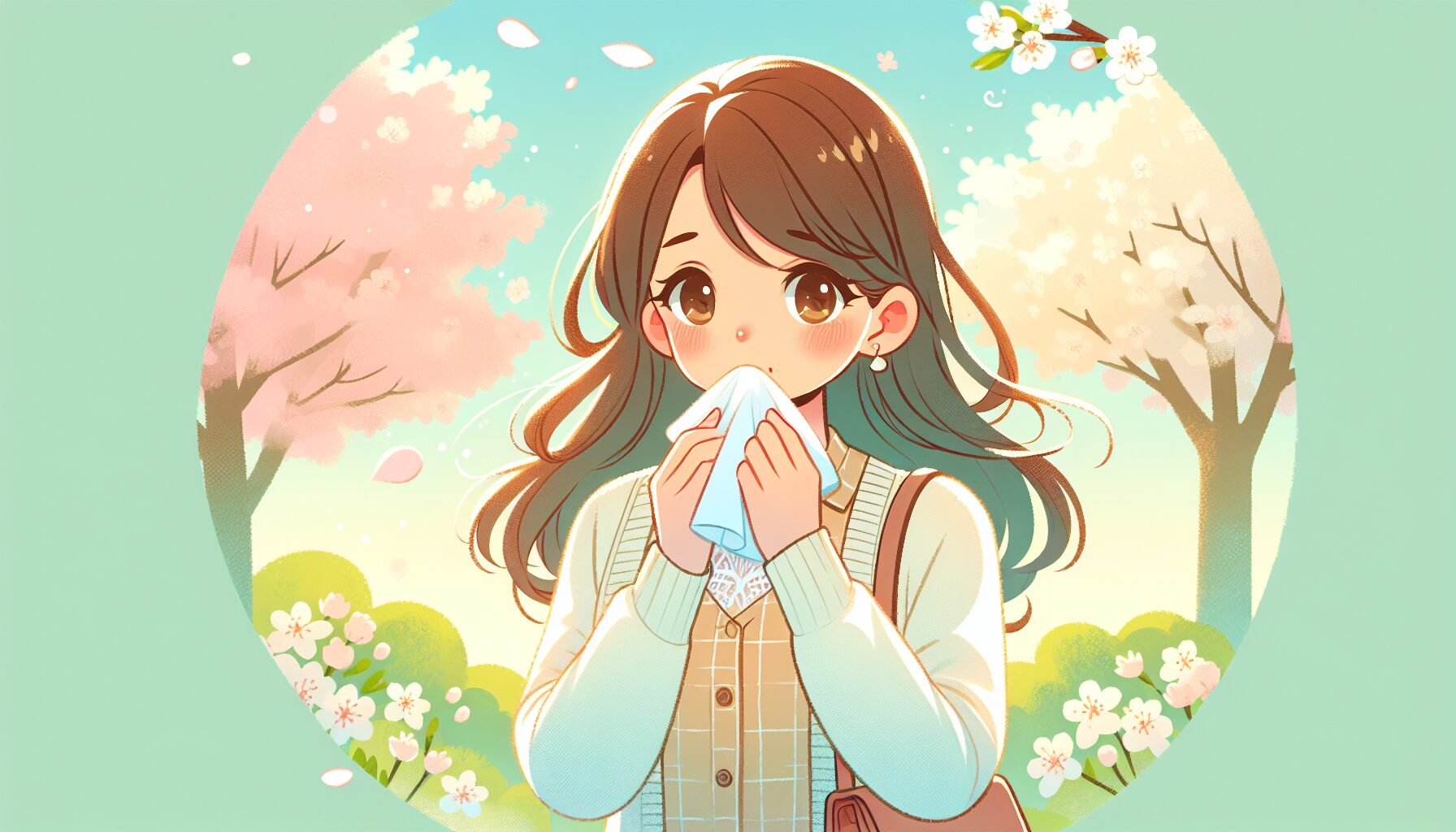春の花粉症が終わる時期のイメージ：桜の木の下でくしゃみをする女性イラスト