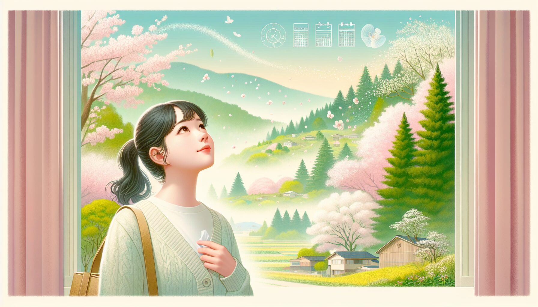 春の花粉症が終わる時期を示すイラスト・桜と青空と女性のイメージ