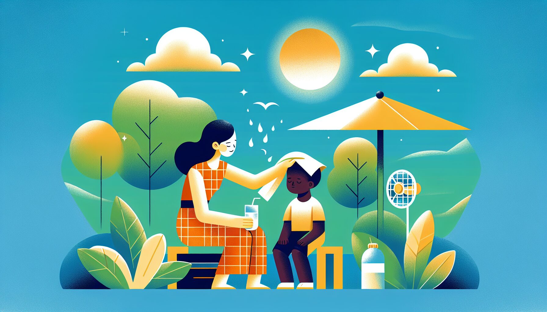 夏の日差しの下で子どもに応急処置をする大人のイラスト・熱中症対策