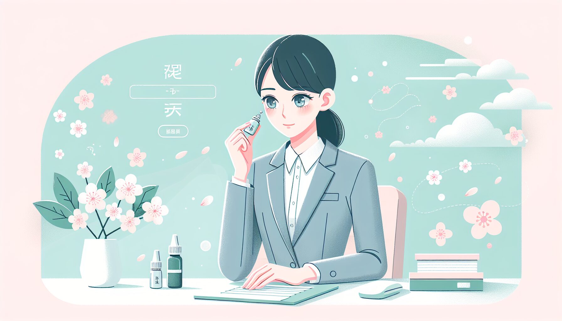 春の花粉症シーズンにコンタクトをしながら点眼薬を使う女性のイラスト