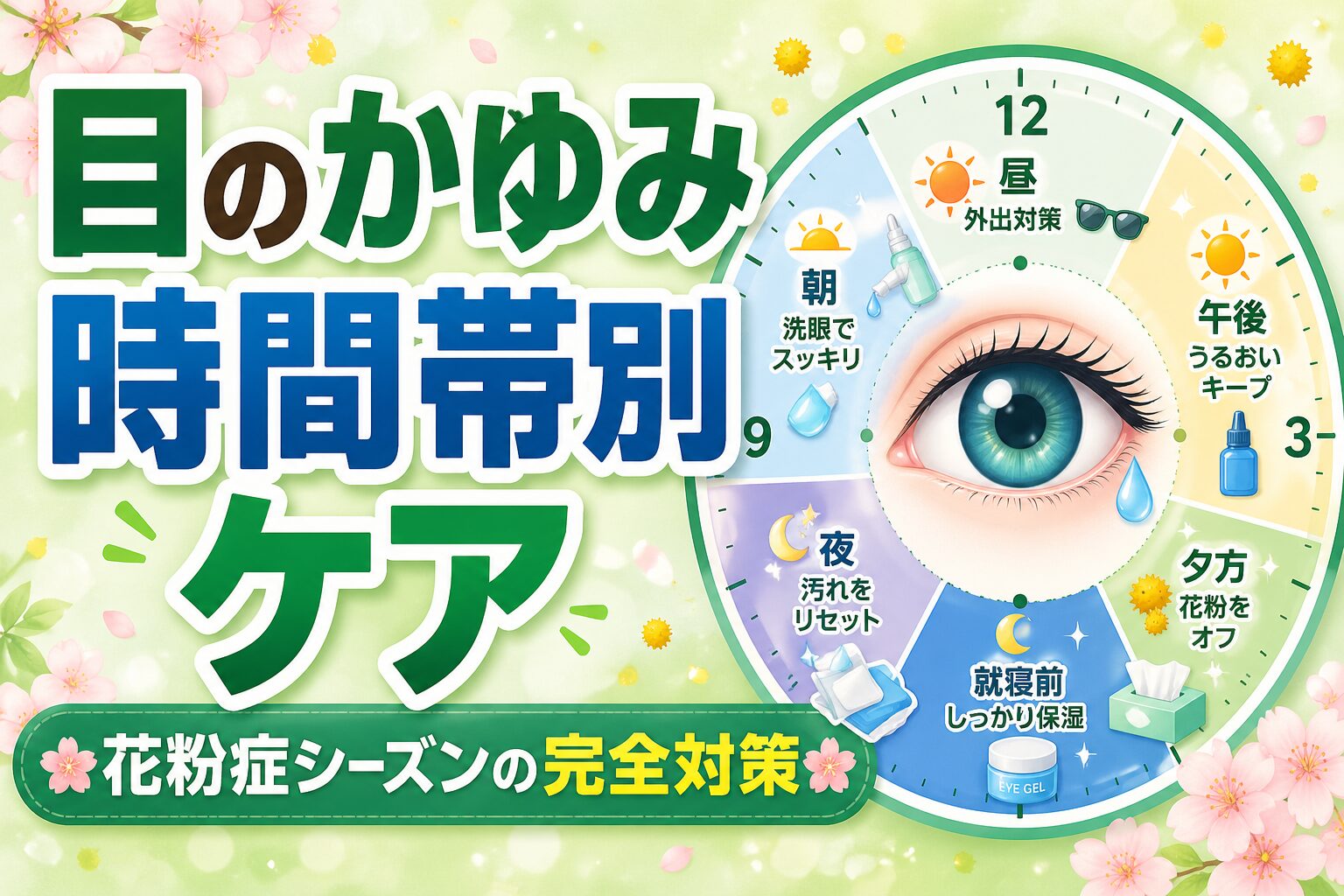 花粉症の目のかゆみを時間帯別にケアする方法を示すアイキャッチ画像
