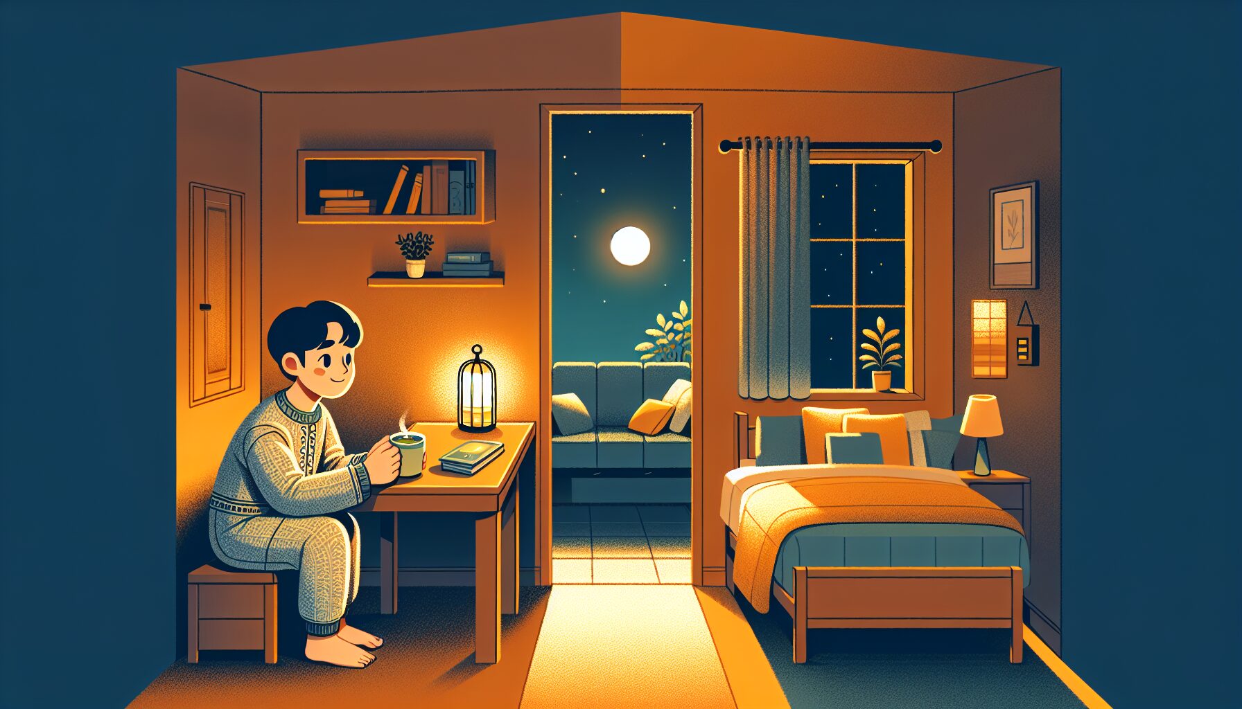 夜の寝室でリラックスする人物と温かいベッドルームの様子。新生活の睡眠不足解消をテーマにしたアイキャッチ画像