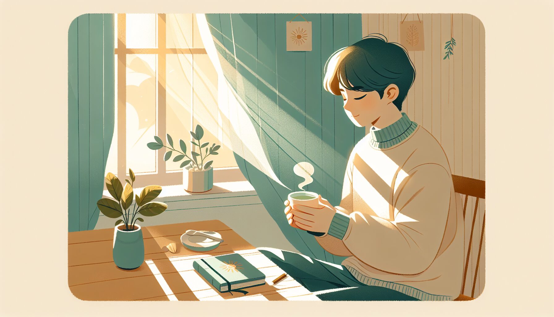 五月病の予防と対策：朝の窓辺でお茶を飲みながら落ち着いた朝のルーティンを実践する人のイラスト