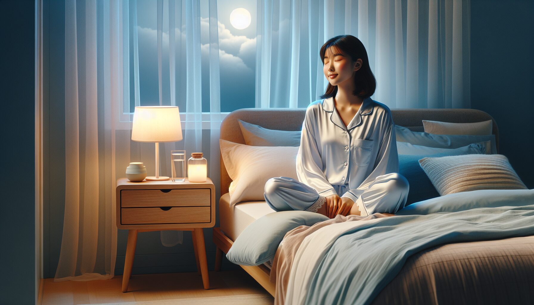 穏やかな寝室でリラックスする女性と快眠をイメージした新生活の睡眠不足解消記事のアイキャッチ