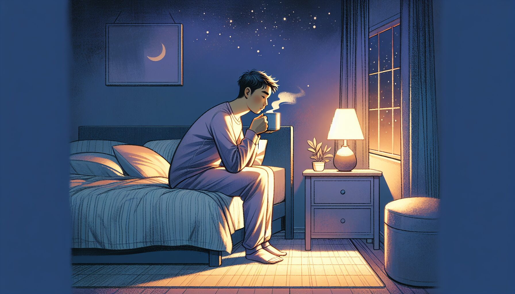 夜のベッドルームでハーブティーを持ち眠れない様子の若者のイラスト
