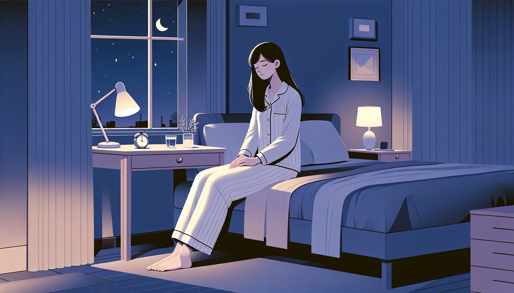 新生活疲れで眠れない女性が穏やかな寝室でリラックスしているイラスト