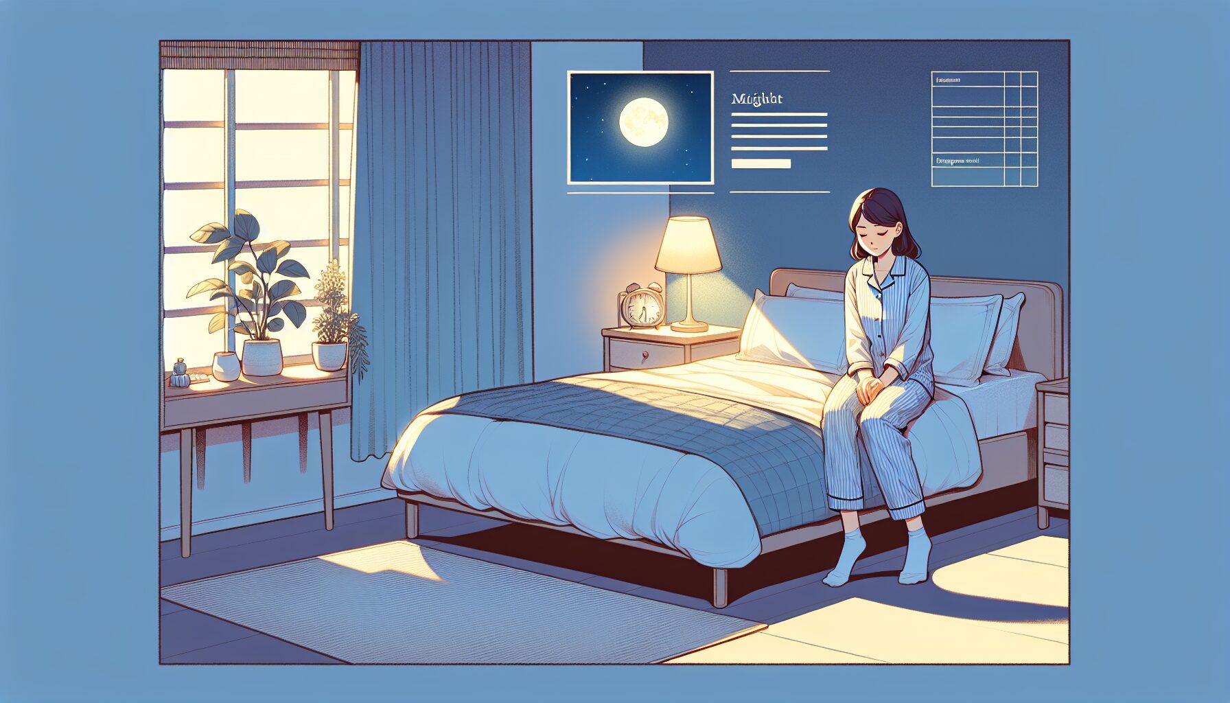 夜の寝室で穏やかに座る女性と柔らかい照明の睡眠改善イメージ