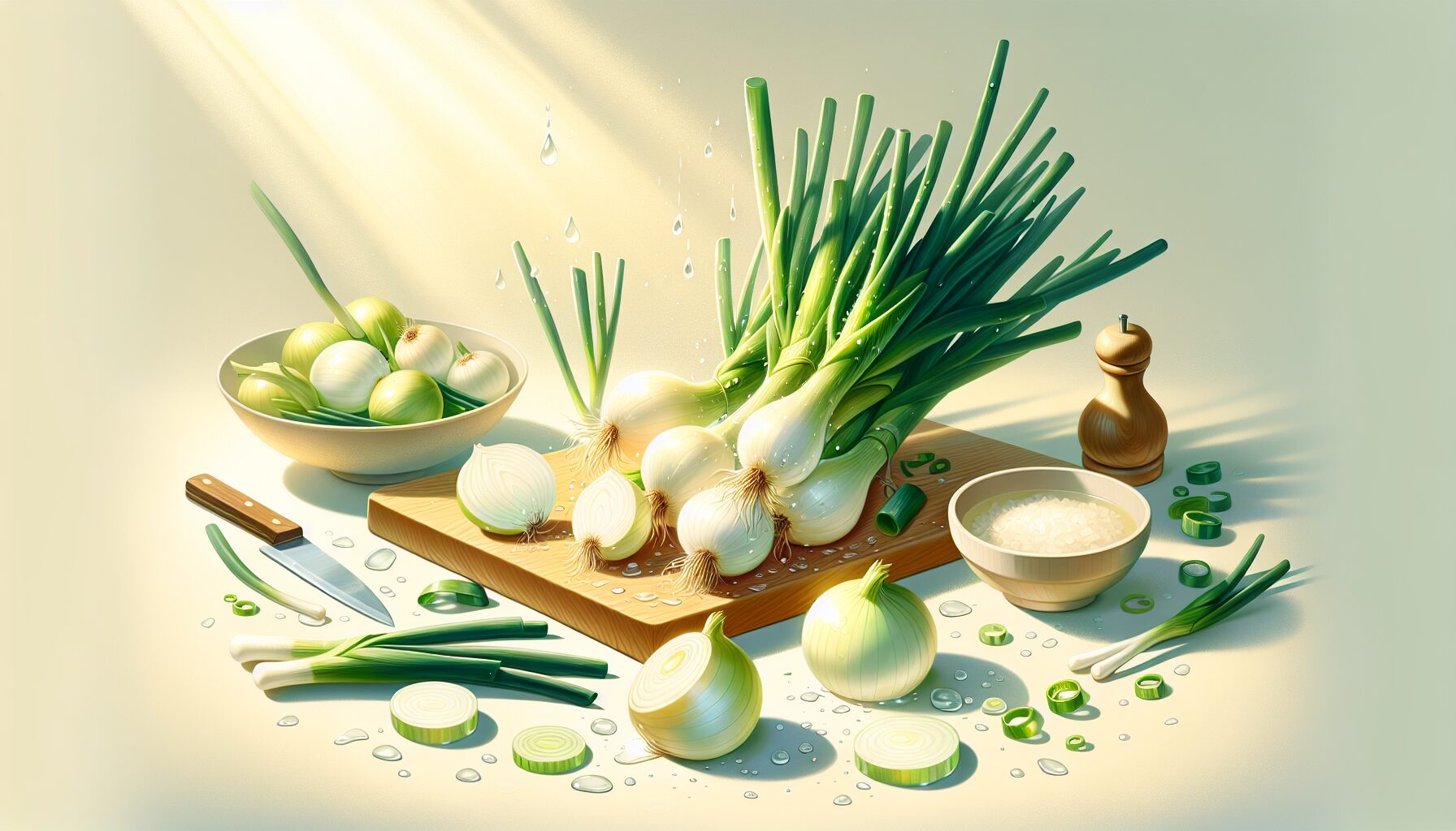 新玉ねぎと調理道具を明るく清潔感あるスタイルで配置した食材イラスト