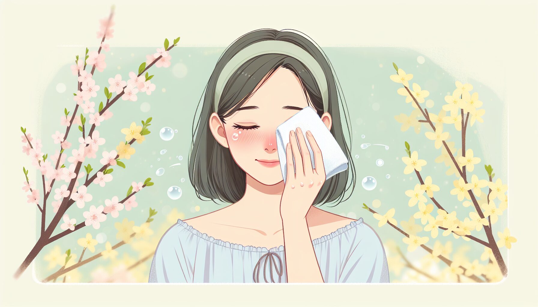 春の花粉症による目のかゆみに悩む女性と桜のやさしいイラスト