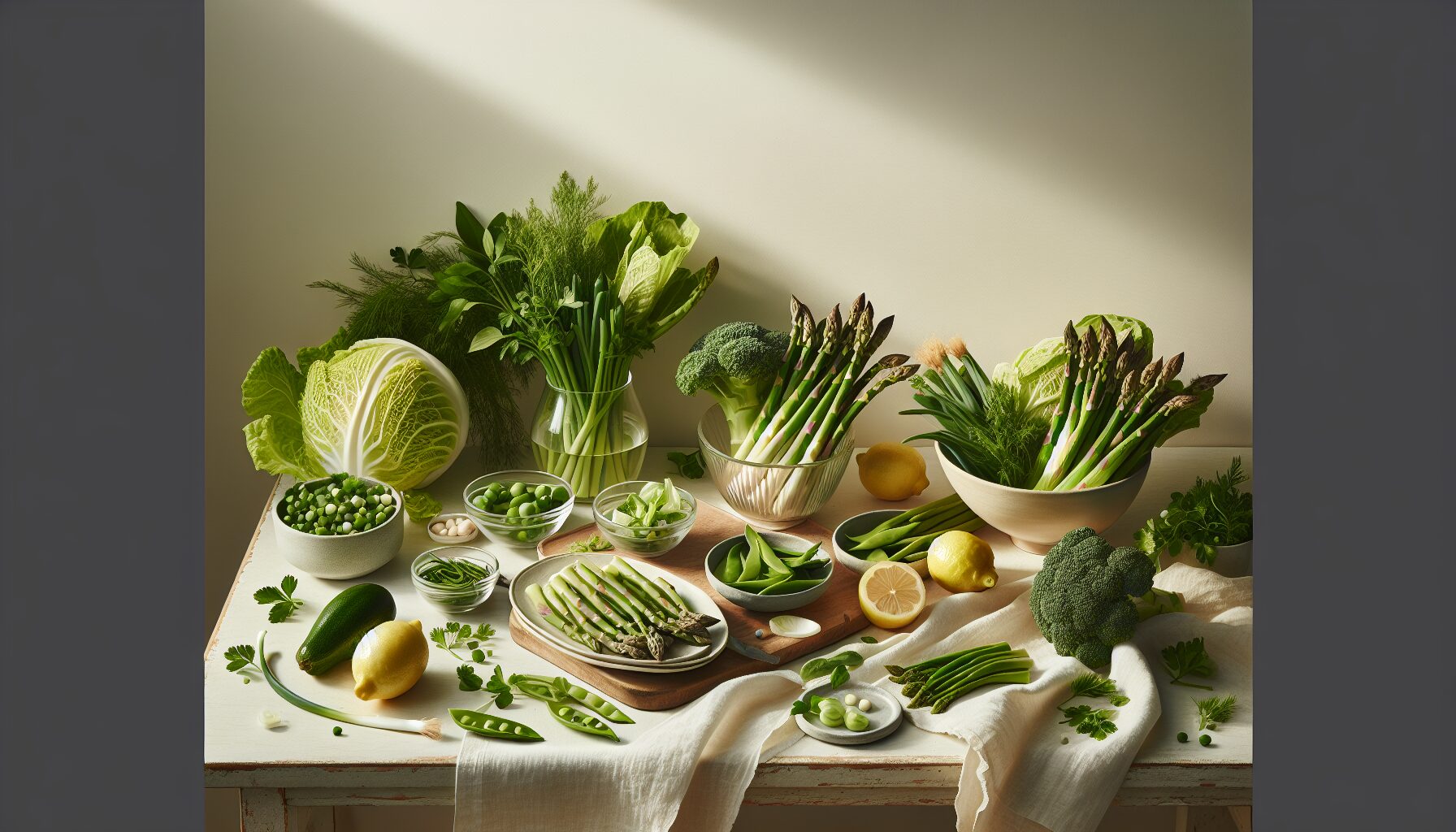 春野菜を使ったデトックスレシピのイメージ｜アスパラ・キャベツ・スナップエンドウなどの春野菜フラットレイ