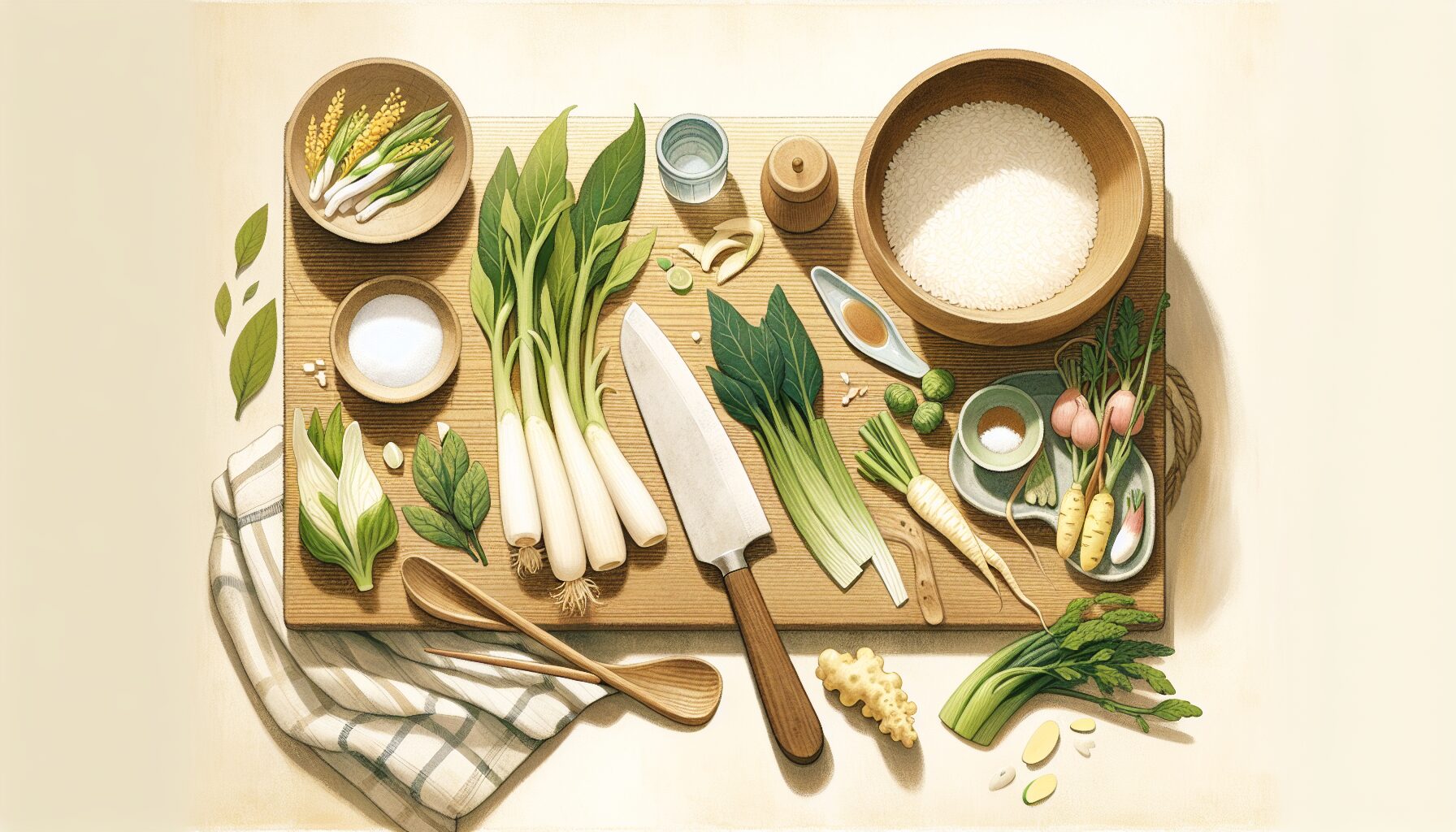 春野菜（タケノコ・ふき・山菜）とアク抜き素材が並んだキッチンのイラスト