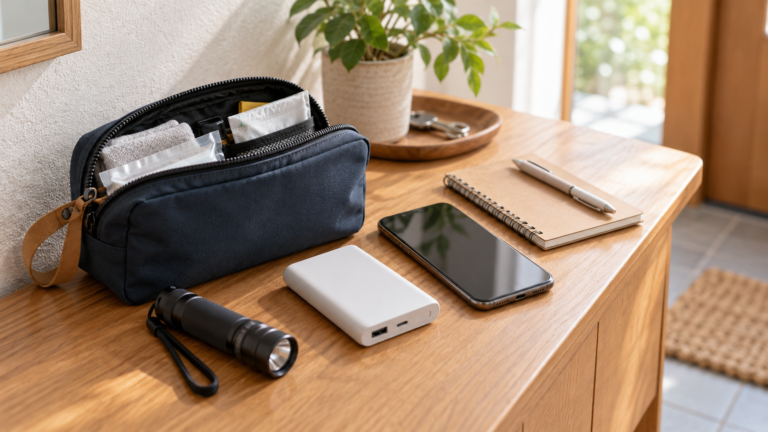 スマートフォン、モバイルバッテリー、LEDライトを入れた防災ポーチ