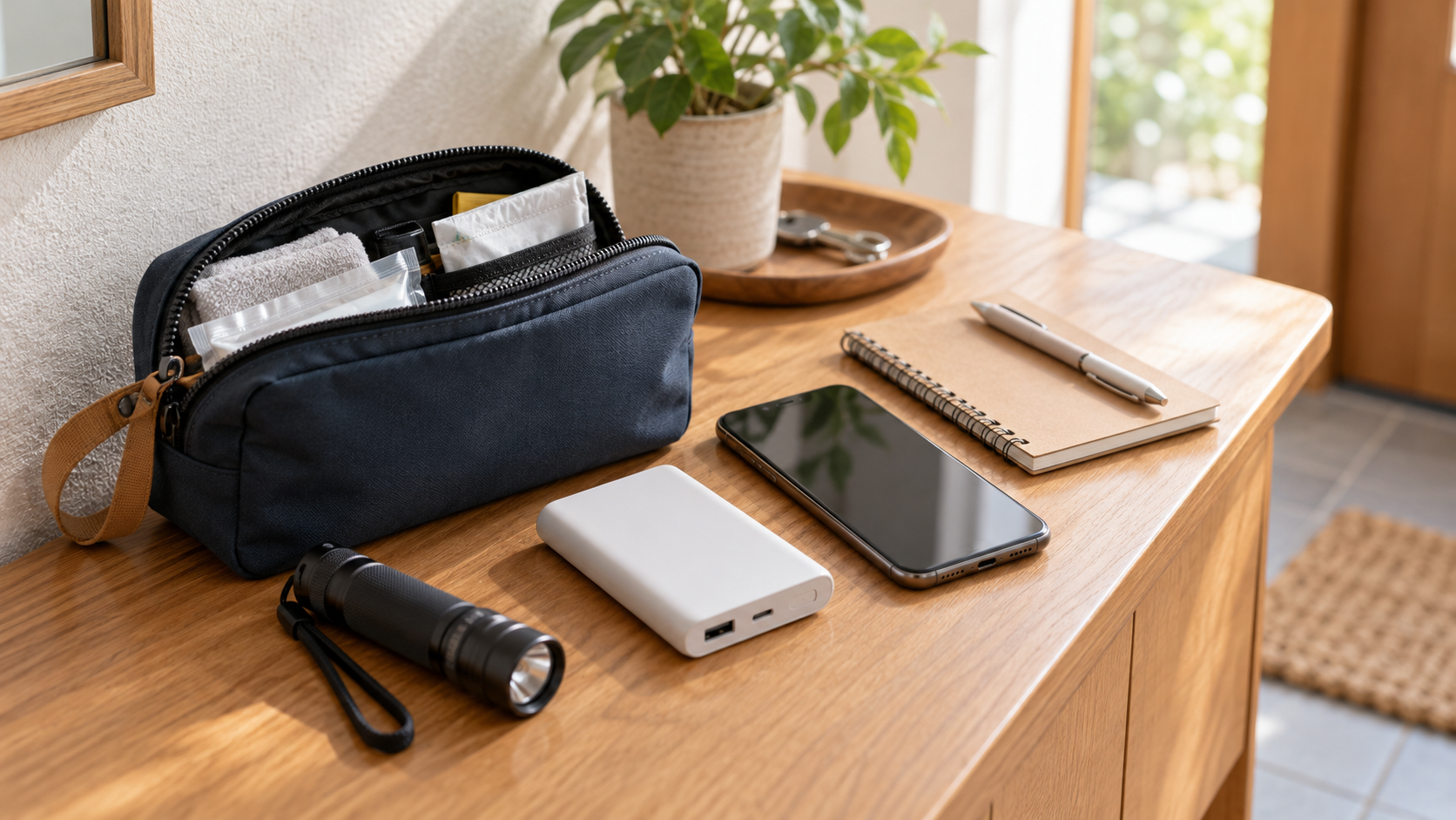 スマートフォン、モバイルバッテリー、LEDライトを入れた防災ポーチ