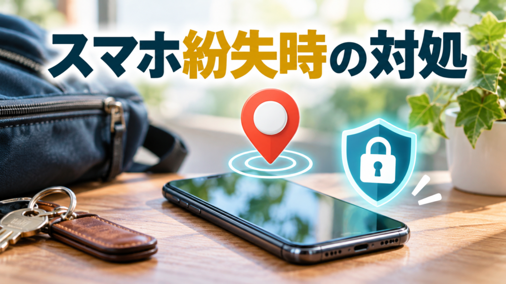 机の上のスマートフォンと位置マーカー、鍵付きの盾。スマホ紛失時の対処法を示すアイキャッチ画像